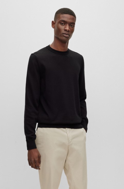 μαύρο πουλόβερ κανονικής εφαρμογής από καθαρό βαμβάκι με κεντημένο λογότυπο Hugo Boss