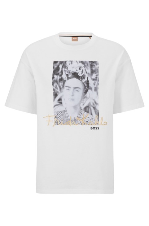 Χαλαρή μπλούζα από οργανικό βαμβάκι με Frida Kahlo λευκό γραφικό Hugo Boss