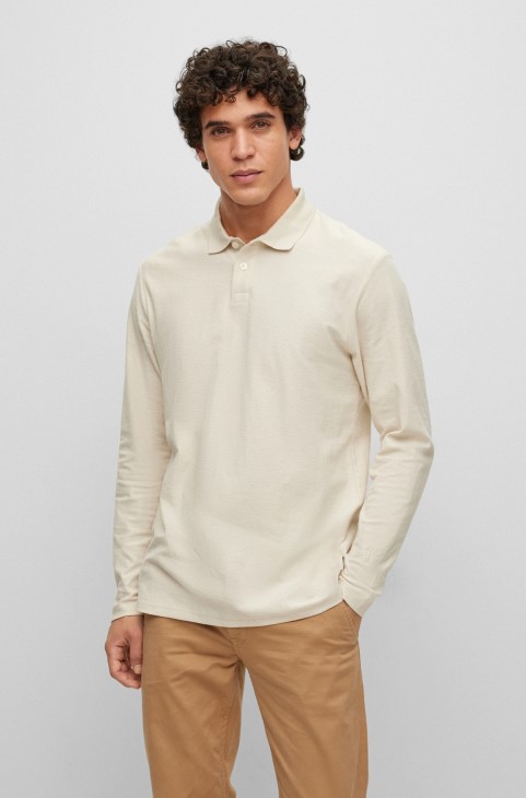 Hugo Boss λευκό μακρυμάνικο μπλουζάκι πόλο με χαλαρή εφαρμογή σε βαμβακερό ζακάρ