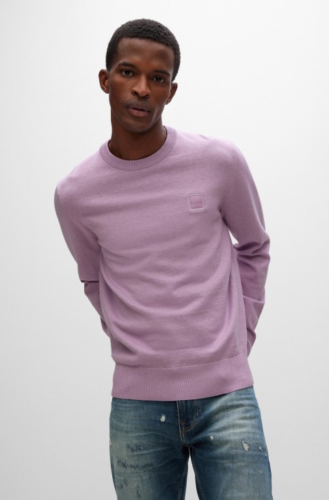 Πουλόβερ με λαιμόκοψη από βαμβάκι και κασμίρι με λογότυπο ανοιχτό μωβ Hugo Boss