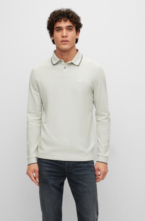 ανοιχτό γκρι Hugo Boss μακρυμάνικο βαμβακερό μπλουζάκι πόλο με έμπλαστρο με λογότυπο