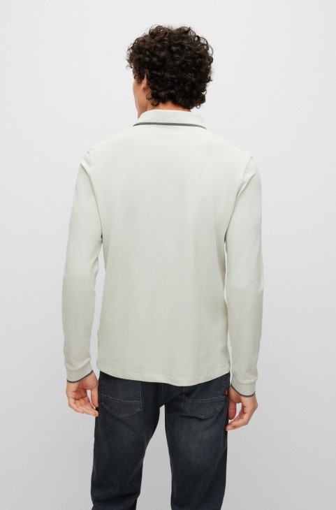 ανοιχτό γκρι Hugo Boss μακρυμάνικο βαμβακερό μπλουζάκι πόλο με έμπλαστρο με λογότυπο
