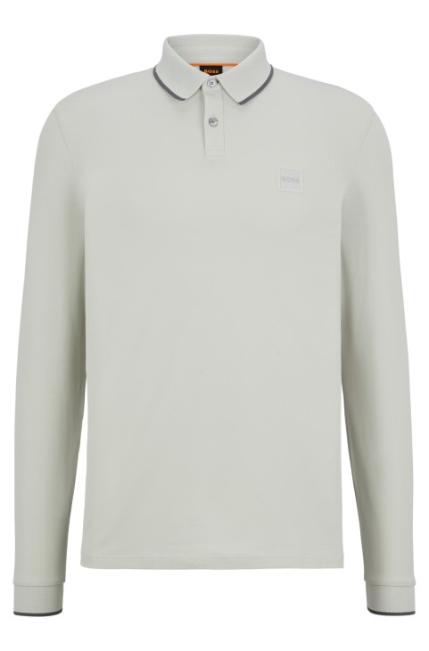 ανοιχτό γκρι Hugo Boss μακρυμάνικο βαμβακερό μπλουζάκι πόλο με έμπλαστρο με λογότυπο

