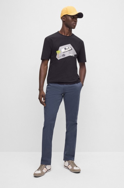 μπλε Slim-fit παντελόνι Hugo Boss σε βαμβακερό σατέν
