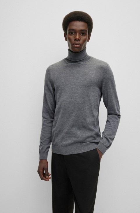 Slim-fit Rollneck πουλόβερ σε παρθένο μάλλινο γκρι Hugo Boss
