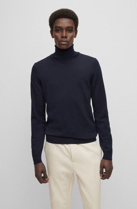 Slim-fit Rollneck πουλόβερ Hugo Boss σε παρθένο μαλλί σκούρο μπλε