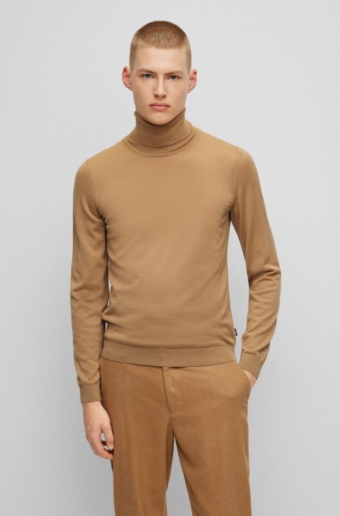 Μπεζ Slim-fit Rollneck πουλόβερ από παρθένο μαλλί Hugo Boss