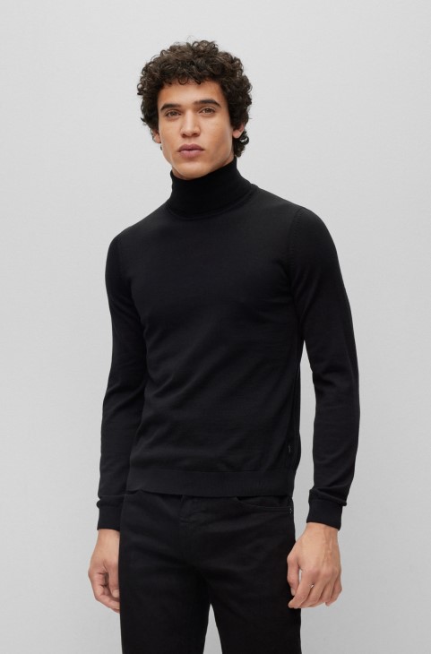 μαύρο πουλόβερ Hugo Boss Slim-fit Rollneck από παρθένο μαλλί