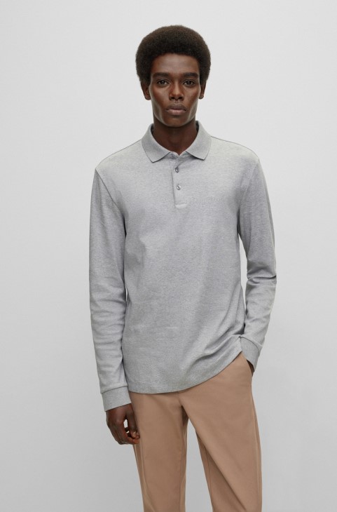 Πόλο μπλουζάκι από οργανικό βαμβάκι με κεντημένο λογότυπο Hugo Boss ανοιχτό γκρι