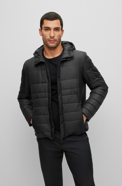 μαύρο Hugo Boss αδιάβροχο μπουφάν με κουκούλα με έμπλαστρο με λογότυπο