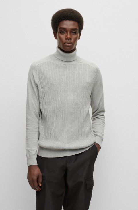 πουλόβερ με ραβδώσεις Rollneck σε βαμβάκι και κασμίρι Hugo Boss ανοιχτό γκρι
