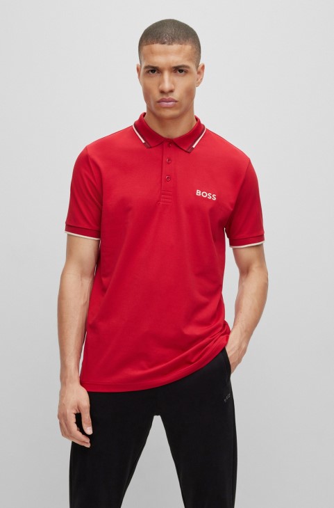 Πόλο μπλουζάκι από βαμβάκι με λεπτομέρειες σε αντίθεση κόκκινο Hugo Boss