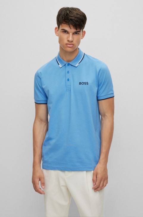 μπλε μπλουζάκι πόλο Hugo Boss από βαμβακερό μείγμα με λεπτομέρειες σε αντίθεση