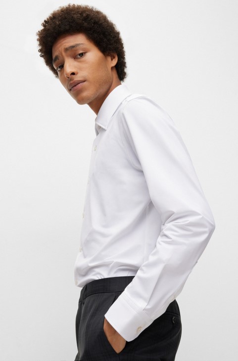 πουκάμισο με κανονική εφαρμογή σε δομημένη απόδοση-stretch Jersey Hugo Boss λευκό
