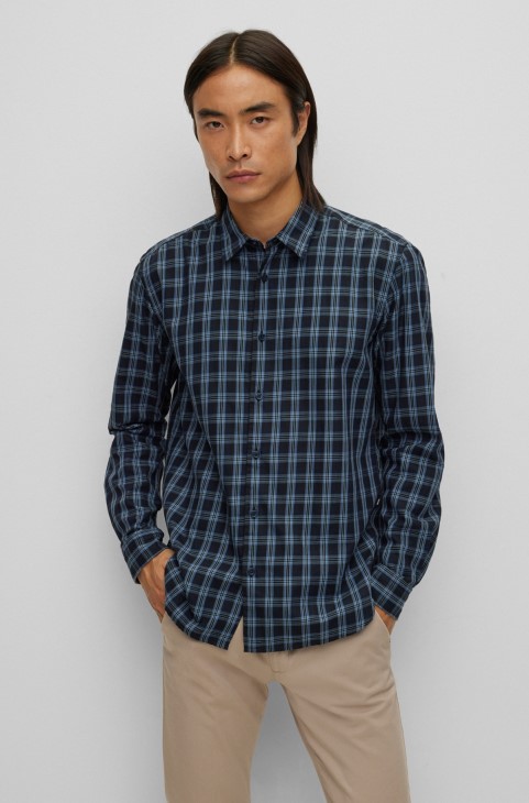 Πουκάμισο Hugo Boss σκούρο μπλε με κανονική εφαρμογή σε καρό βαμβακερό Twill