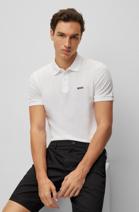 Πόλο μπλουζάκι από οργανικό βαμβάκι με λογότυπο αντίθεσης λευκό Hugo Boss