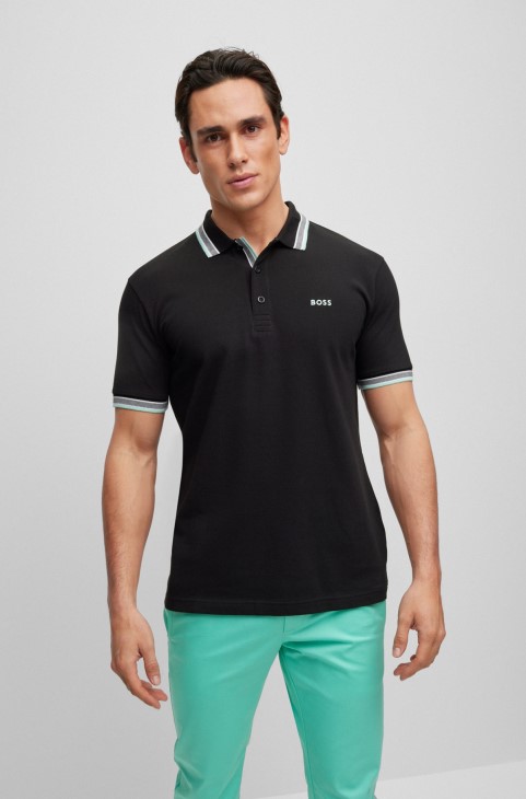 μαύρο μπλουζάκι πόλο Hugo Boss από οργανικό βαμβάκι με κυρτό λογότυπο