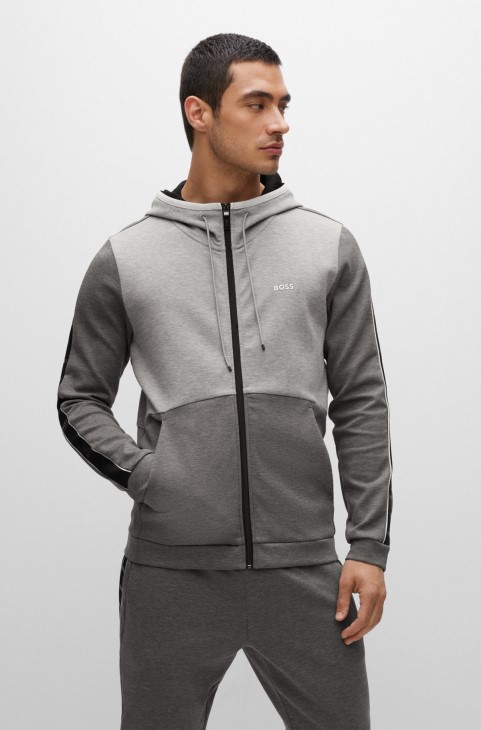 Φούτερ με φερμουάρ από βαμβακερό μείγμα με ένθετα ταινίας λογότυπου Hugo Boss Grey