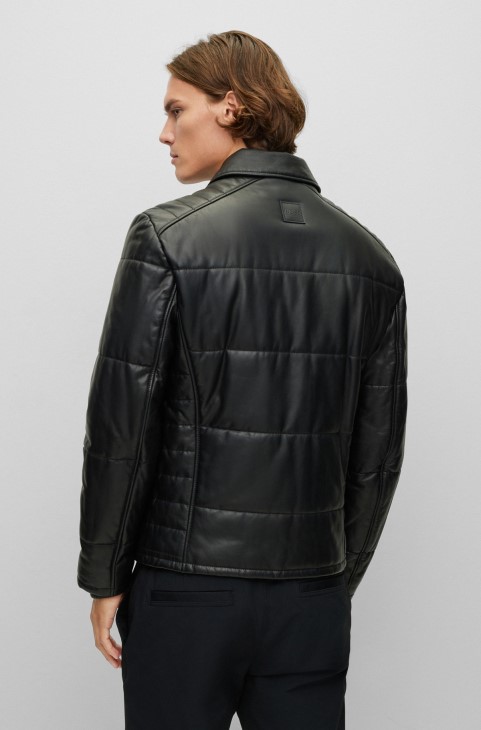 καπιτονέ δερμάτινο μπουφάν με επένδυση καμουφλάζ μαύρο Hugo Boss
