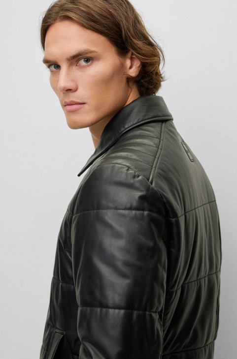 καπιτονέ δερμάτινο μπουφάν με επένδυση καμουφλάζ μαύρο Hugo Boss
