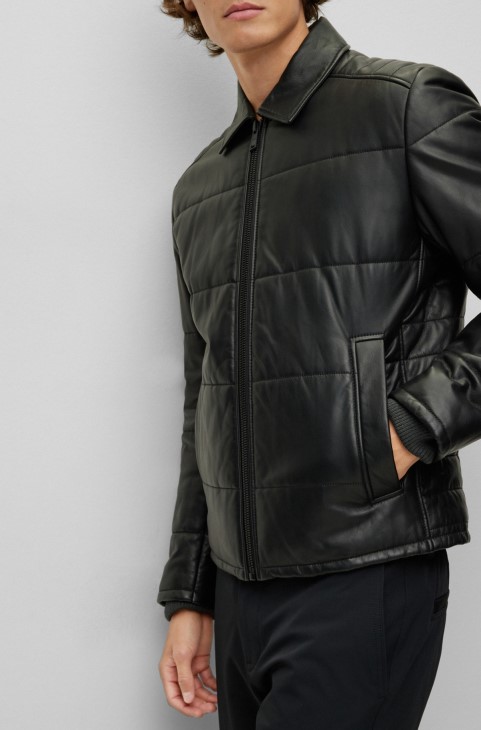 καπιτονέ δερμάτινο μπουφάν με επένδυση καμουφλάζ μαύρο Hugo Boss
