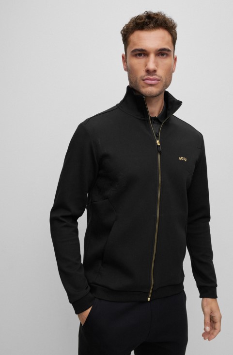 μαύρο βαμβακερό φούτερ με φερμουάρ και εποχιακά έργα τέχνης Hugo Boss
