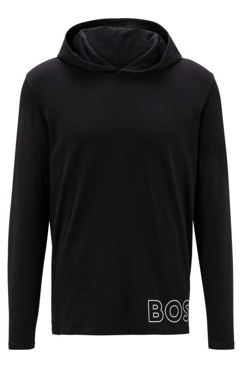 Μαύρο μπλουζάκι με κουκούλα Hugo Boss με βαμβακερή πιτζάμα με στάμπα με λογότυπο