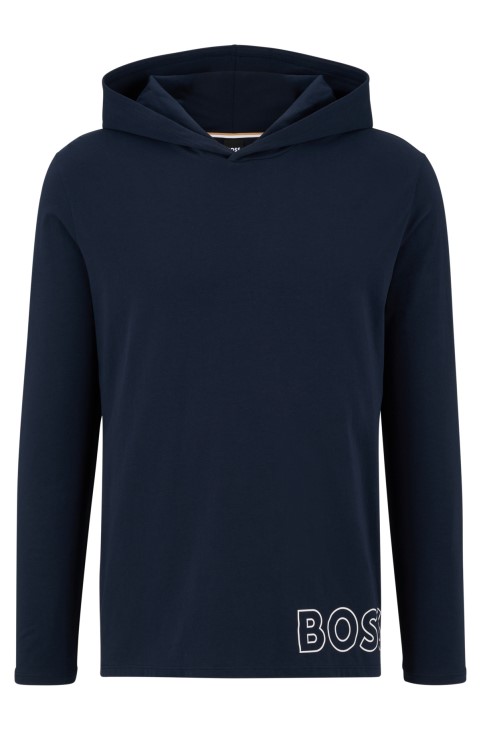 Hugo Boss σκούρο μπλε μπλουζάκι πιτζάμα με κουκούλα βαμβακερή με στάμπα με λογότυπο