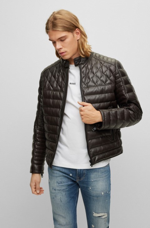 Hugo Boss Nappa δερμάτινο μπουφάν με γιακά όρθιο σκούρο καφέ