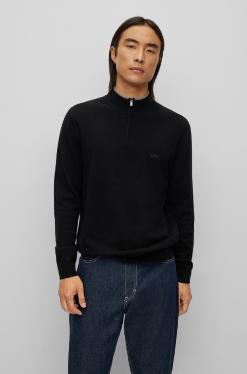 μαύρο πουλόβερ Hugo Boss με φερμουάρ από παρθένο μαλλί με κεντημένο λογότυπο