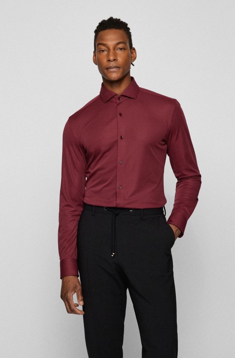 Σκούρο κόκκινο πουκάμισο Slim-fit σε Performance-stretch ιταλικό Jersey Hugo Boss
