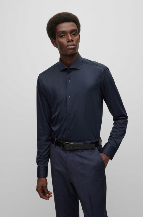 Slim-fit πουκάμισο σε Performance-stretch ιταλικό Jersey Hugo Boss σκούρο μπλε