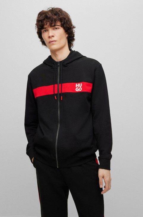 μαύρη αθλητική φόρμα από βαμβακερό ύφασμα με ρίγες και στοιβαγμένα λογότυπα Hugo Boss