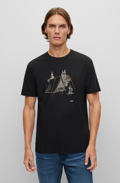 Μπλουζάκι κανονικής εφαρμογής από βαμβακερό ζέρσεϊ με εμπριμέ γραφικό μαύρο Hugo Boss