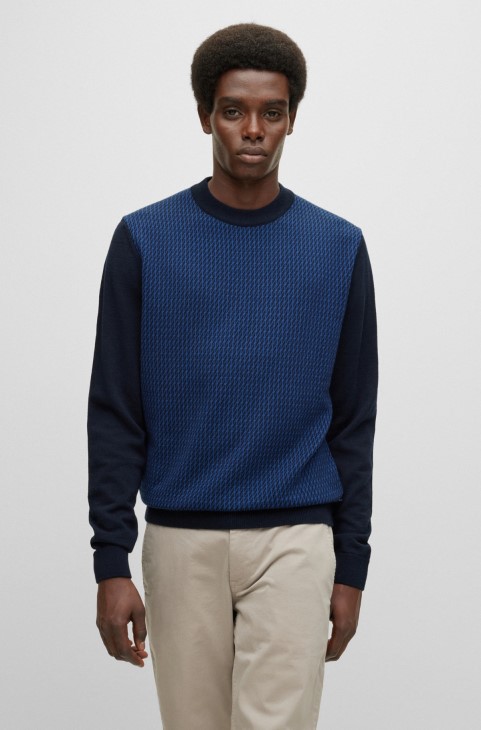 Hugo Boss σκούρο μπλε πουλόβερ με λαιμόκοψη σε πλεκτό ζακάρ