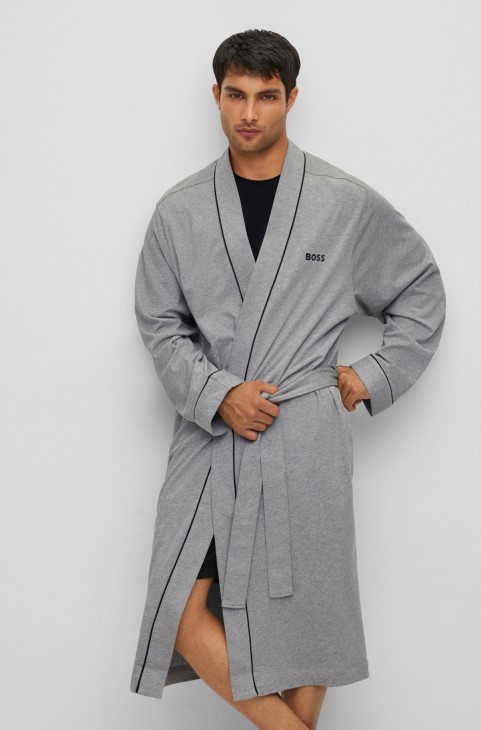 ρόμπα Hugo Boss γκρι βαμβακερό ζέρσεϊ με λογότυπο και σωληνώσεις
