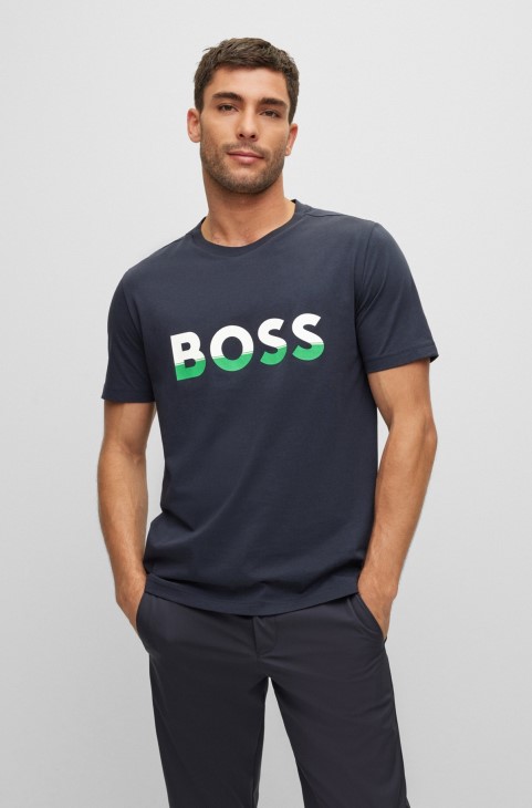 Μπλουζάκι Hugo Boss σκούρο μπλε βαμβακερό ζέρσεϊ με τύπωμα λογότυπου με χρώμα