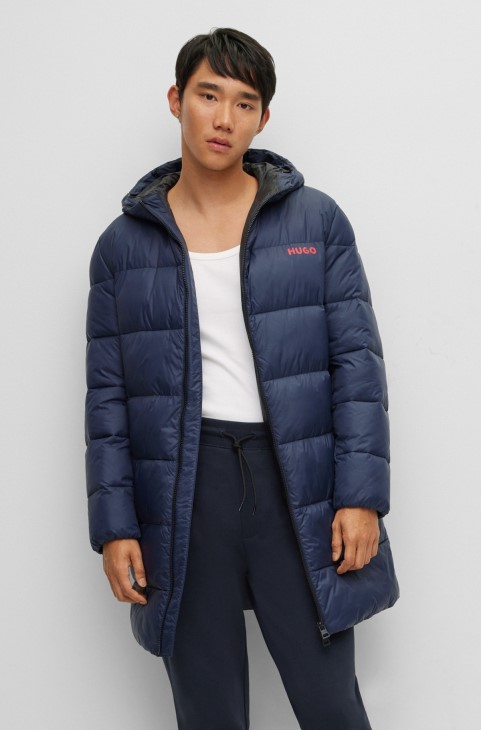Hugo Boss σκούρο μπλε με κουκούλα Slim-fit Puffer παλτό με λογότυπο στο στήθος