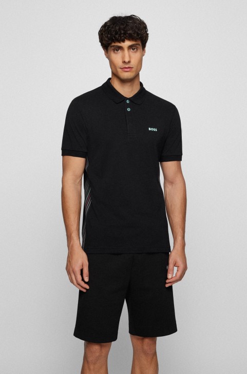 βαμβακερό-piqué Slim-fit μπλουζάκι πόλο με ριγέ ένθετα Hugo Boss μαύρο