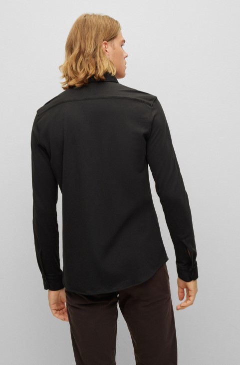 Μαύρο Slim-fit πουκάμισο σε βαμβακερή φανέλα με λαστιχένια κουμπιά Hugo Boss
