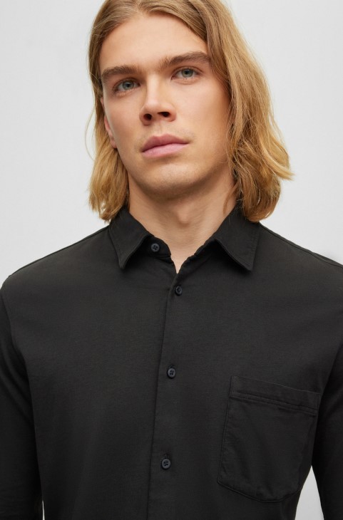 Μαύρο Slim-fit πουκάμισο σε βαμβακερή φανέλα με λαστιχένια κουμπιά Hugo Boss

