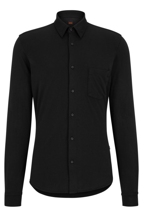 Μαύρο Slim-fit πουκάμισο σε βαμβακερή φανέλα με λαστιχένια κουμπιά Hugo Boss
