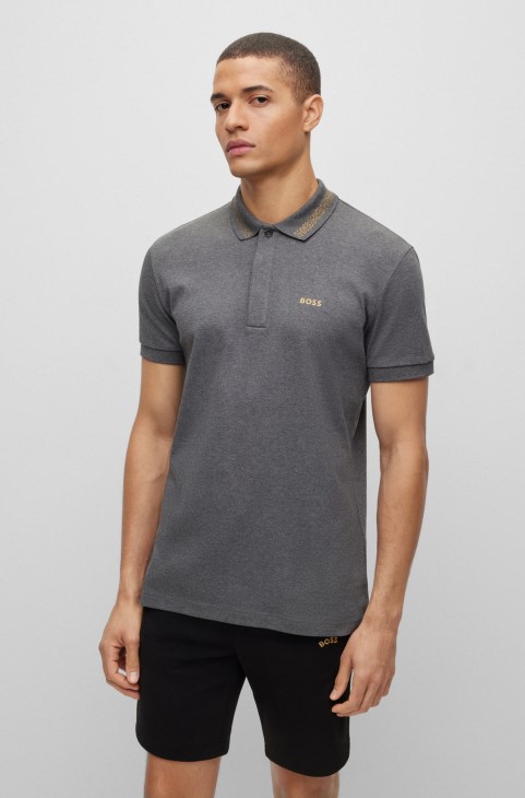 Πόλο μπλουζάκι Hugo Boss, βαμβακερό, με λογότυπο σε γκρι αντίθεση