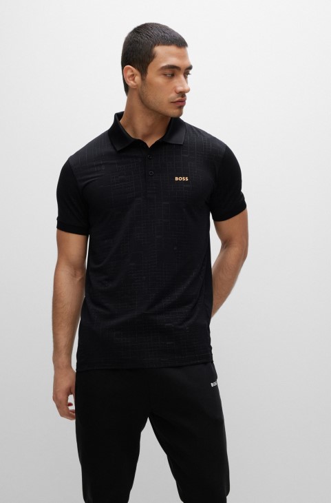 μαύρο ενεργό στρέντο Slim-fit μπλουζάκι πόλο με εφέ λάμψης Hugo Boss