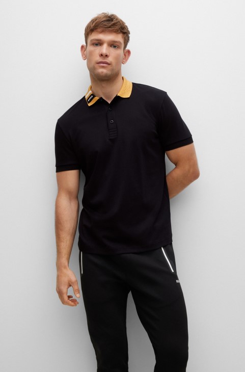 Πόλο μπλουζάκι από καθαρό βαμβάκι με γιακά λογότυπο Hugo Boss μαύρο