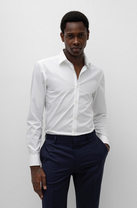 Slim-fit πουκάμισο σε εύκολο σιδερένιο βαμβακερό ποπλίνα Hugo Boss λευκό