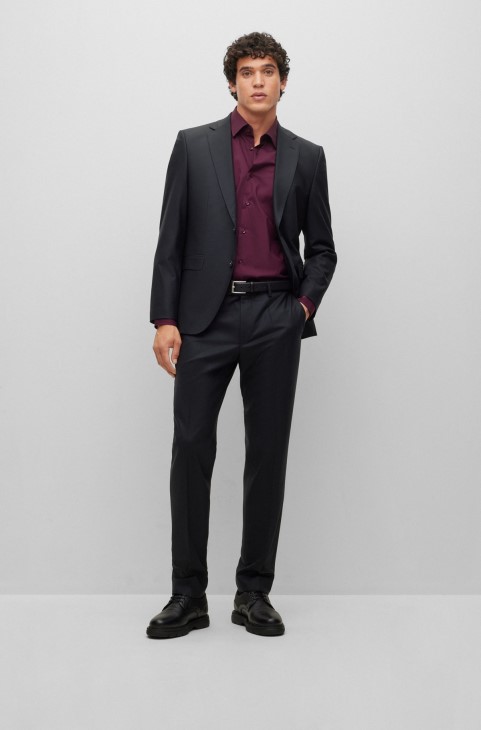 Πουκάμισο με κανονική εφαρμογή σε σιδερένια ελαστική βαμβακερή ποπλίνα σκούρο μωβ Hugo Boss
