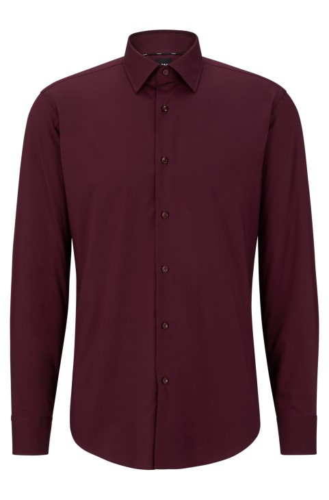 Πουκάμισο με κανονική εφαρμογή σε σιδερένια ελαστική βαμβακερή ποπλίνα σκούρο μωβ Hugo Boss
