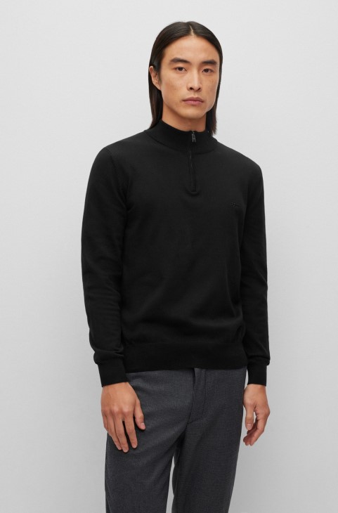 Πουλόβερ από οργανικό βαμβάκι με φερμουάρ με κεντημένο λογότυπο μαύρο Hugo Boss