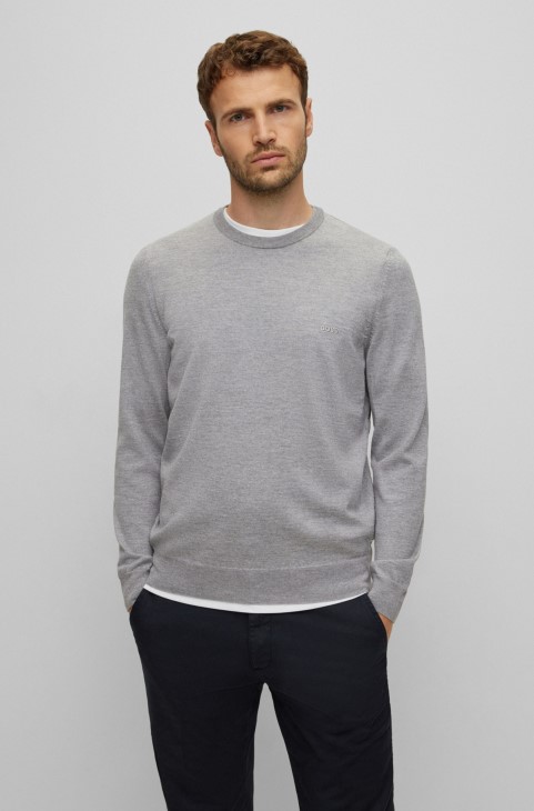 Πουλόβερ Hugo Boss με κέντημα με λογότυπο σε υπεύθυνο μάλλινο γκρι